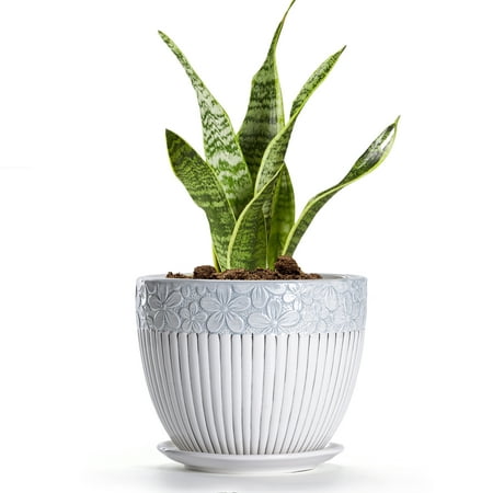 8 Inch Grey Flower Pots,Texture Planter for Indoor Plants 8 Inch Ceramic Flower Pots with Saucer