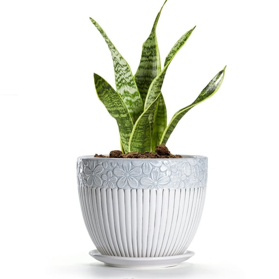 8 Inch Grey Flower Pots,Texture Planter for Indoor Plants 8 Inch Ceramic Flower Pots with Saucer