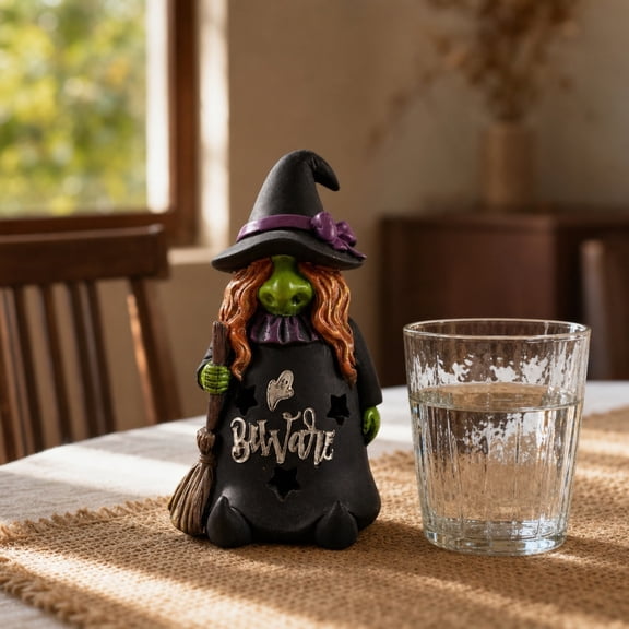 8 Inch Halloween Witch Gnome Figurine with Beware Sign, Resin Gnome Statue for Tabletop Mantel Shelf Home Decor Display