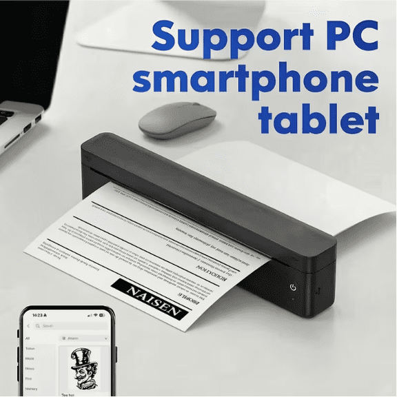 8 Inch Handheld Thermal Printer A10a Black, Ink-Free Mobile Printing Device for Home Office School & Business Trip, Include 5 sheets Thermal Paper