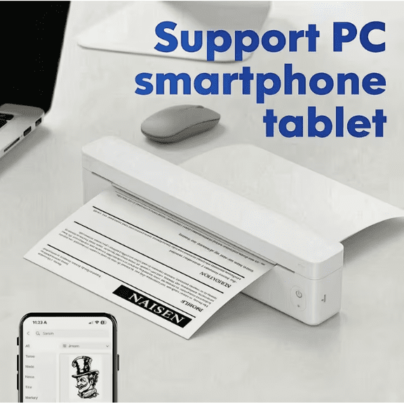 8 Inch Handheld Thermal Printer A10a White, Ink-Free Mobile Printing Device for Home Office School & Business Trip, Include 5 sheets Thermal Paper
