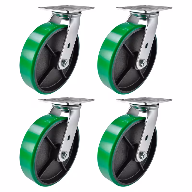 8 Inch Heavy Duty Caster Set Polyurethane on Cast Iron Wheels 4 Swivel with Brake Green