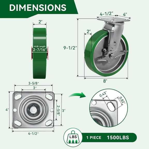 8 Inch Heavy Duty Caster Wheels Polyurethane on Aluminum with 1500LB Capacity for Tool Box Workshop Garage Platform Trucks