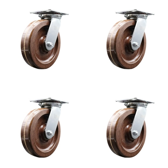 8 Inch Heavy Duty High Temp Phenolic Caster Set with Roller Bearings Set of 4