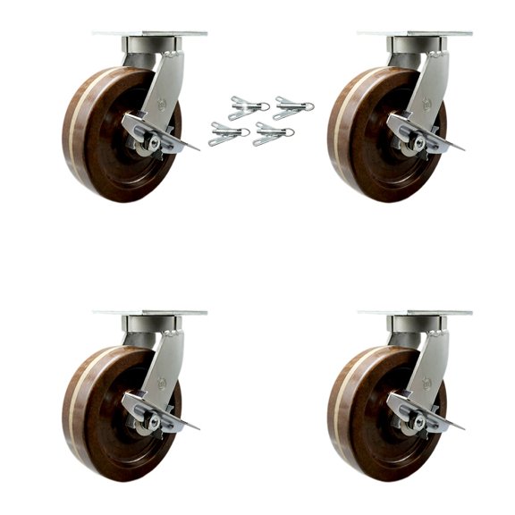 8 Inch Heavy Duty High Temp Phenolic Caster with Brakes and Swivel Locks Set 4