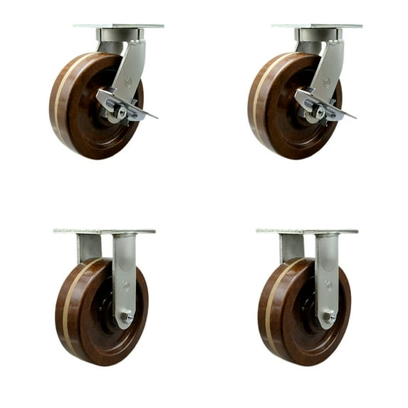 8 Inch Heavy Duty High Temp Phenolic Swivel Caster Set 2 Brakes 2 Rigid SCC