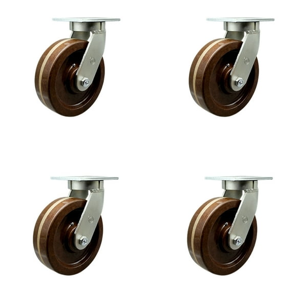 8 Inch Heavy Duty High Temp Phenolic Swivel Caster Set with Swivel Locks Set 4