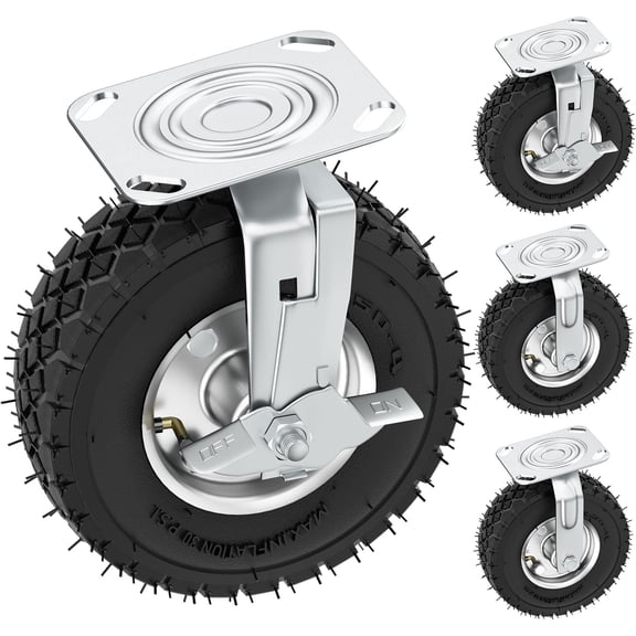 8 Inch Heavy Duty Pneumatic Casters Set of 4, 2 Locking Swivel Casters with Brake + 2 Rigid Wheels, 880 LBS Total Load Capacity, Knobby Rubber Shock Absorbing Industrial Caster Wheels