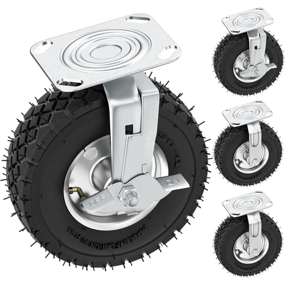 8 inch Heavy‑Duty Pneumatic Casters, Set of 4 (2 Swivel with Brake & 2 Rigid), 880 lbs Total Load Capacity, Locking Plate Industrial Wheels for Workbench, Cart & Wagon