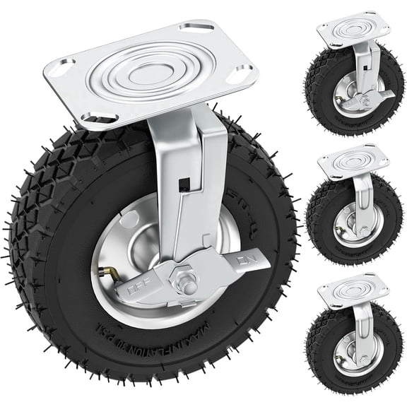 8 Inch Heavy Duty Pneumatic Casters Set of 4 (2 Swivel with Brake & 2 Rigid), 880 LBS Total Load Capacity, Locking Swivel Plate Industrial Wheels for Workbench, Cart, Trolley, Wagon and Shelves