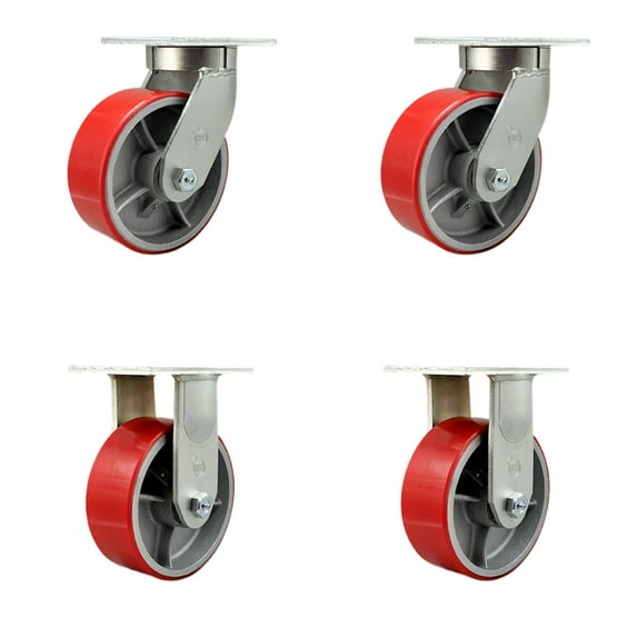 8 Inch Heavy Duty Red Poly on Cast Iron Wheel Caster Set 2 Swivel 2 Rigid SCC