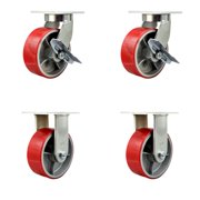 8 Inch Heavy Duty Red Poly on Metal Caster Set 2 Swivel Lock/Brake 2 Rigid