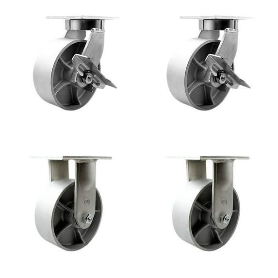 8 Inch Heavy Duty Semi Steel Cast Iron Wheel Caster Set 2 Brakes 2 Rigid SCC