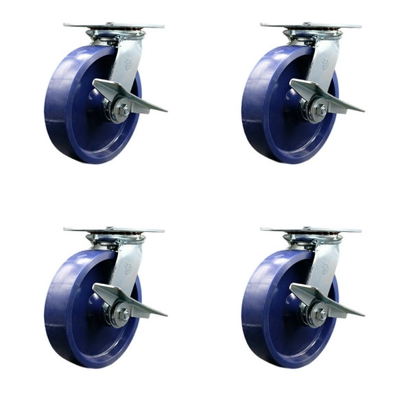 8 Inch Heavy Duty Solid Poly Caster Set with Roller Bearings and Brakes SCC