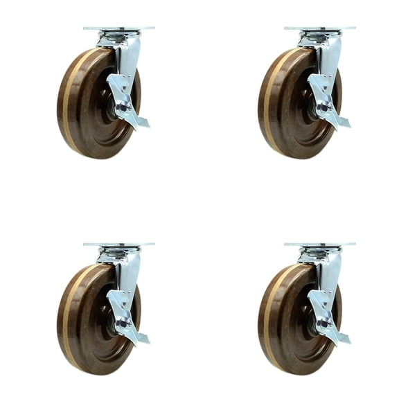 8 Inch High Temp Phenolic Caster Set w/Bronze Bearings and Brake/Swivel Lock SCC