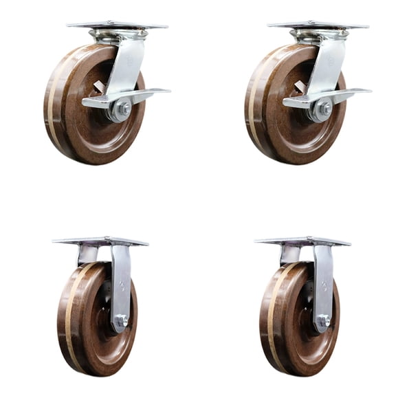 8 Inch High Temp Phenolic Caster Set with Roller Bearing 2 Brakes and 2 Rigid