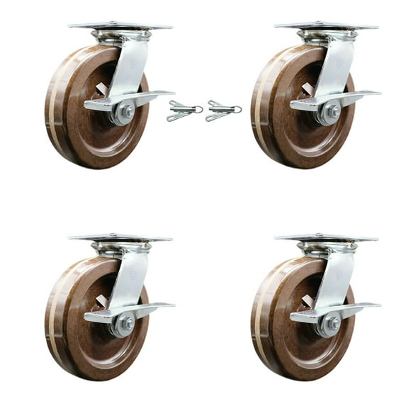 8 Inch High Temp Phenolic Caster Set with Roller Bearing 4 Brake 2 Swivel Lock