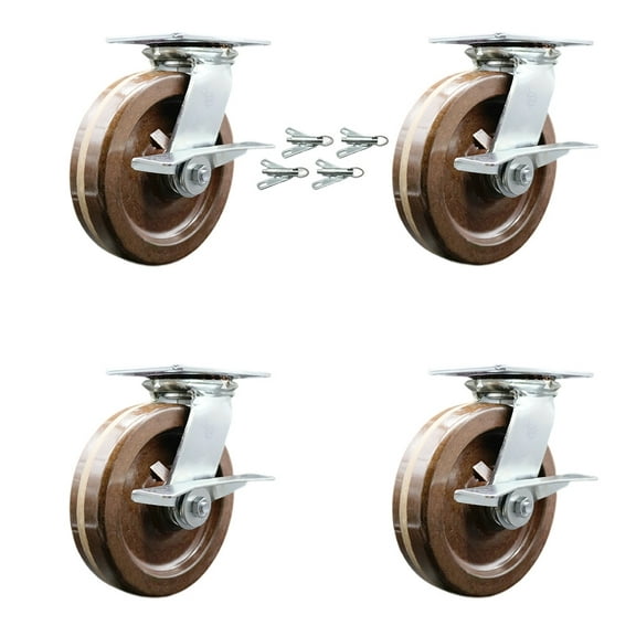 8 Inch High Temp Phenolic Caster Set with Roller Bearing and Brakes/Swivel Locks