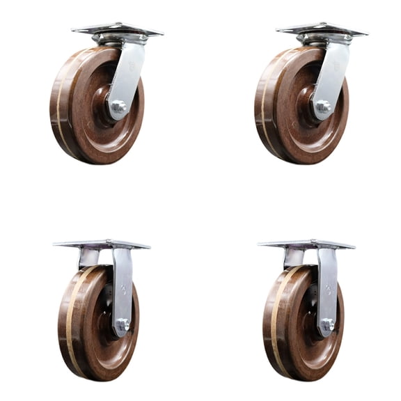 8 Inch High Temp Phenolic Caster Set with Roller Bearings 2 Swivel 2 Rigid SCC