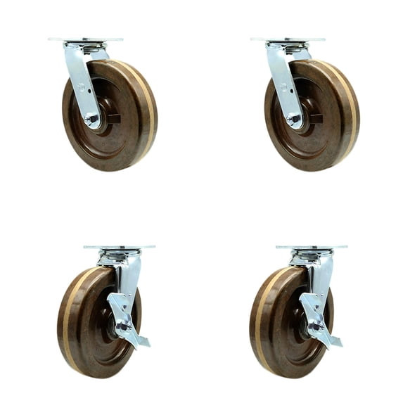 8 Inch High Temp Phenolic Swivel Caster Set with Roller Bearings 2 Brakes SCC