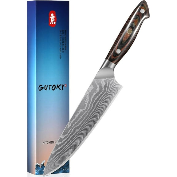 8 Inch Japanese Chef Knife, 10CR15MOV Damascus Rose Pattern Blade with Sheath, Ultra Sharp Professional Kitchen Slicing Knife, Colorful Pakkawood Handle