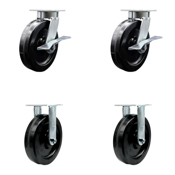 8 Inch KP Phenolic Caster Set with Ball Bearings and 2 Brakes/Swvl Lcks 2 Rigid
