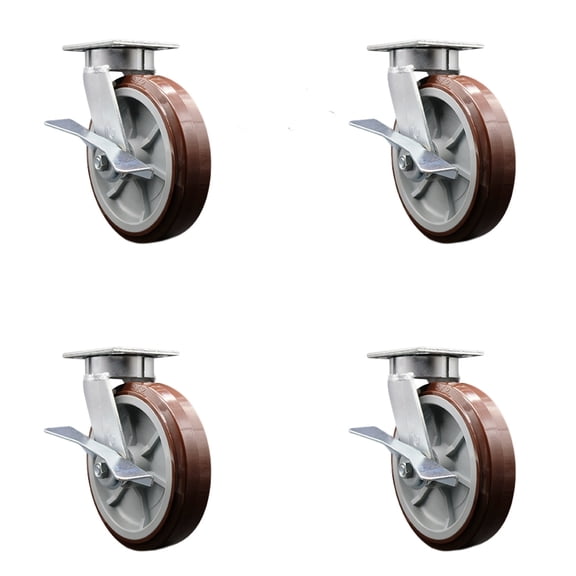 8 Inch KP Polyurethane Caster Set with Ball Bearings and Brake/Swivel Lock SCC