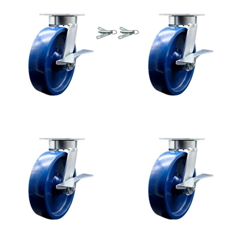8 Inch KP Solid Poly Caster Set with Ball Bearings 4 Brakes 2 Swivel Locks SCC