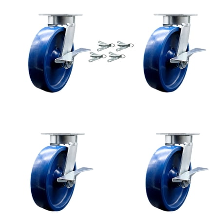 8 Inch KP Solid Poly Caster Set with Ball Bearings and Brakes/Swivel Locks SCC