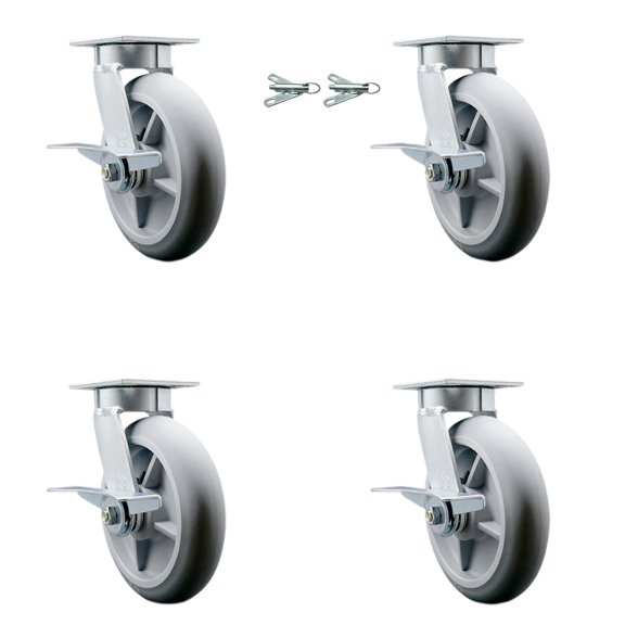 8 Inch KP TPR Donut Tread Caster Set with Ball Bearings 4 Brakes 2 Swivel Locks
