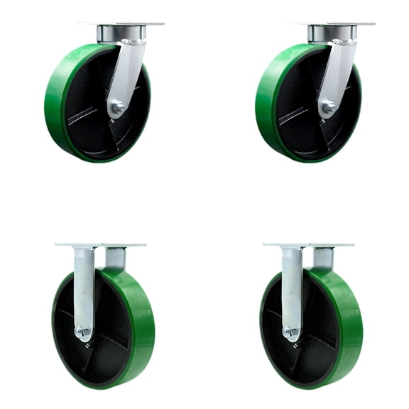 8 Inch Kingpinless Green Poly on Steel Wheel Swivel Caster Set 2 Swivel 2 Rigid