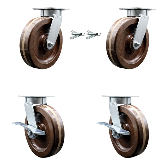8 Inch Kingpinless High Temp Phenolic Wheel Caster Set 2 Swivel Locks 2 Brakes