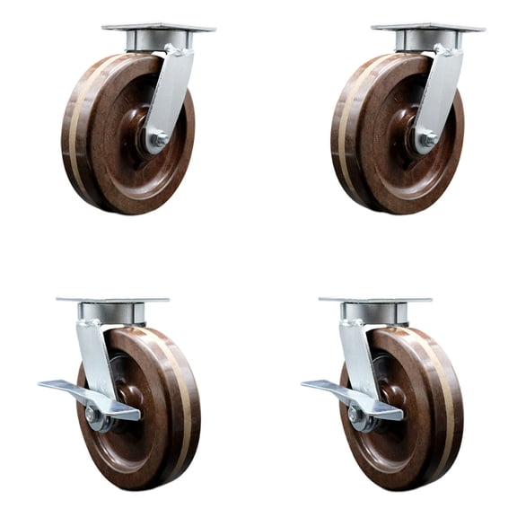8 Inch Kingpinless High Temp Phenolic Wheel Swivel Caster Set with 2 Brakes SCC