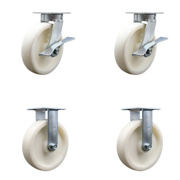 8 Inch Kingpinless Nylon Wheel Caster Set 2 Brakes 2 Rigid Service Caster Brand