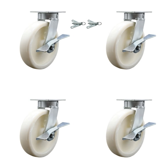 8 Inch Kingpinless Nylon Wheel Caster Set 4 Brakes 2 Swivel Locks Service Caster