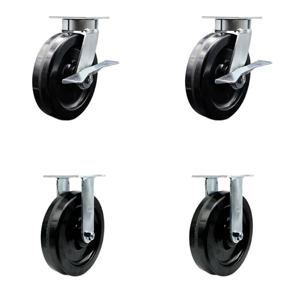 8 Inch Kingpinless Phenolic Wheel Caster Set 2 Brakes 2 Rigid Service Caster