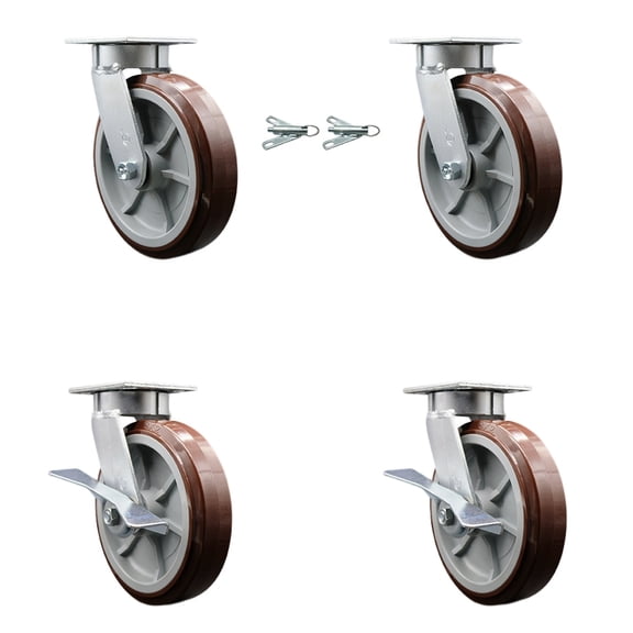 8 Inch Kingpinless Poly on Polyolefin Wheel Caster Set 2 Swivel Locks 2 Brakes