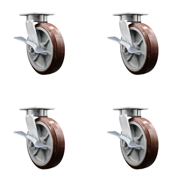 8 Inch Kingpinless Poly on Polyolefin Wheel Swivel Caster Set with Brakes SCC