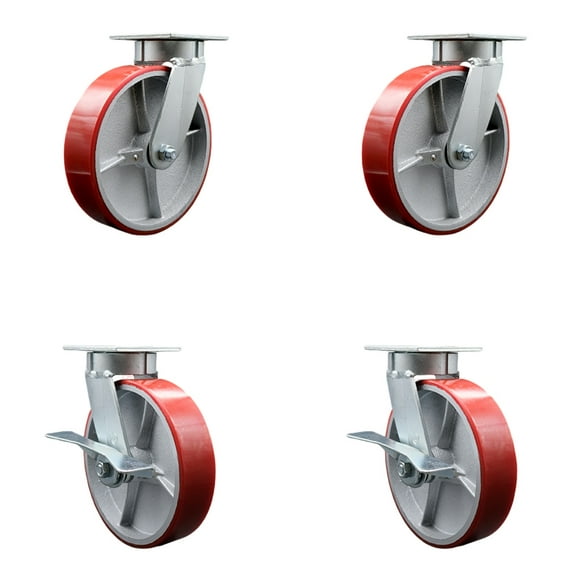 8 Inch Kingpinless Red Poly on Steel Wheel Swivel Caster Set with 2 Brakes SCC