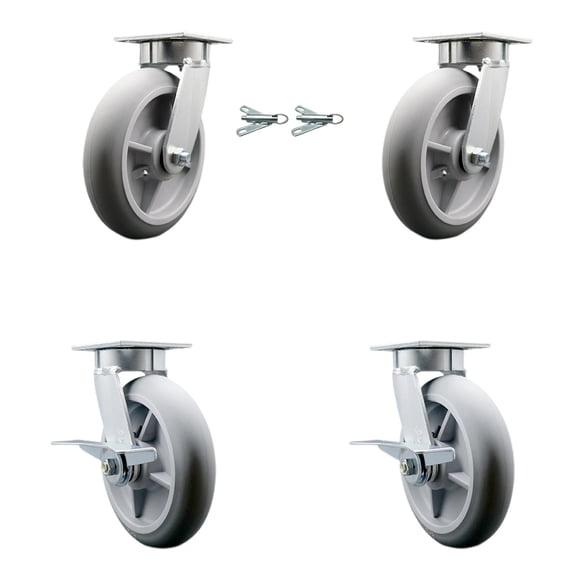 8 Inch Kingpinless Thermoplastic Rubber Wheel Caster Set 2 Swivel Locks 2 Brakes