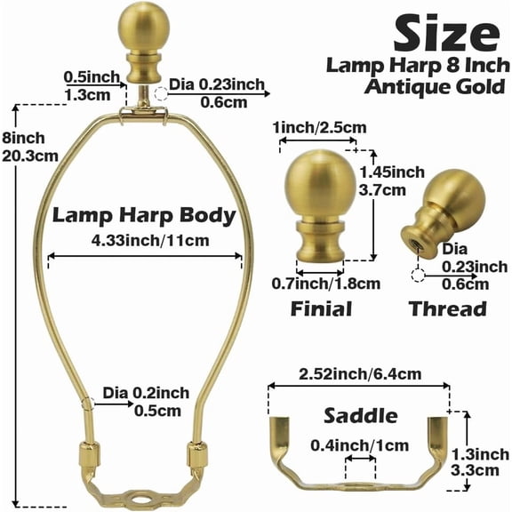 8 Inch Lamp Harp, Brass 2 Set Lamp Harps and Finial, Metal Lamp Shade Harp Holder, DIY Detachable Lampshade Bracket Adapter Hardware, Replacement Table & Floor Light Accessories Repair