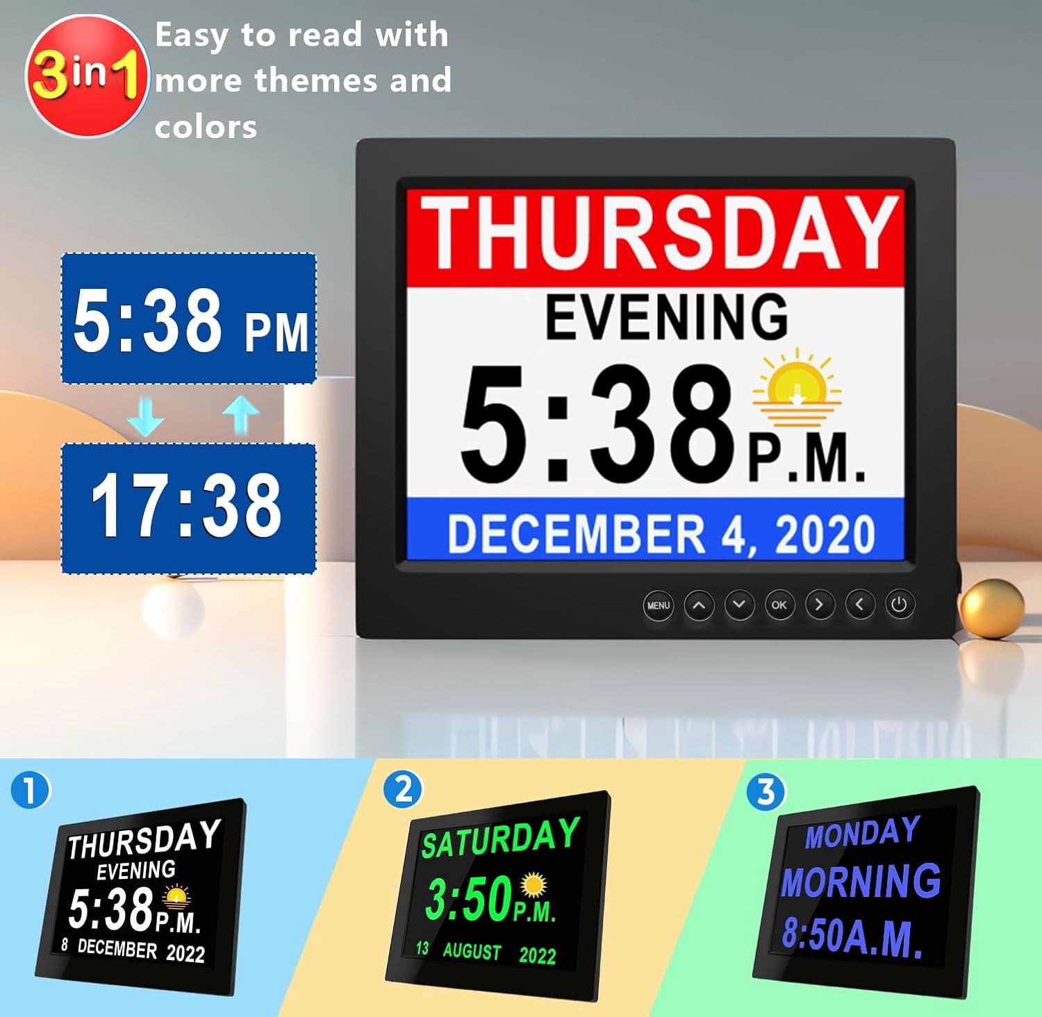 8 Inch Large Dementia Clock with Auto DST, 28 Alarms, Remote Control, HD Display for Seniors