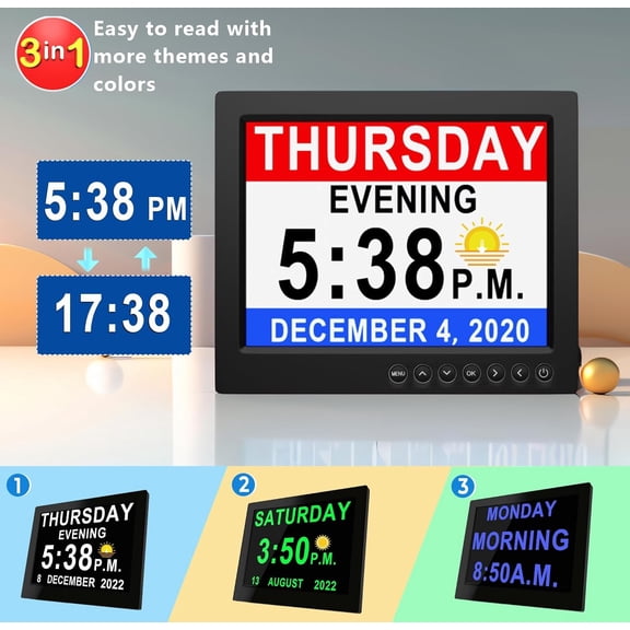 8 Inch Large Dementia Clock with Auto DST, 28 Alarms, Remote Control, HD Display for Seniors