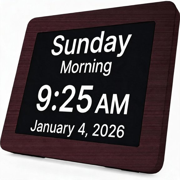 8 Inch Large Digital Day Clock with Calendar Time Date Talking Alarms and Easy-to-Read Display in Mahogany