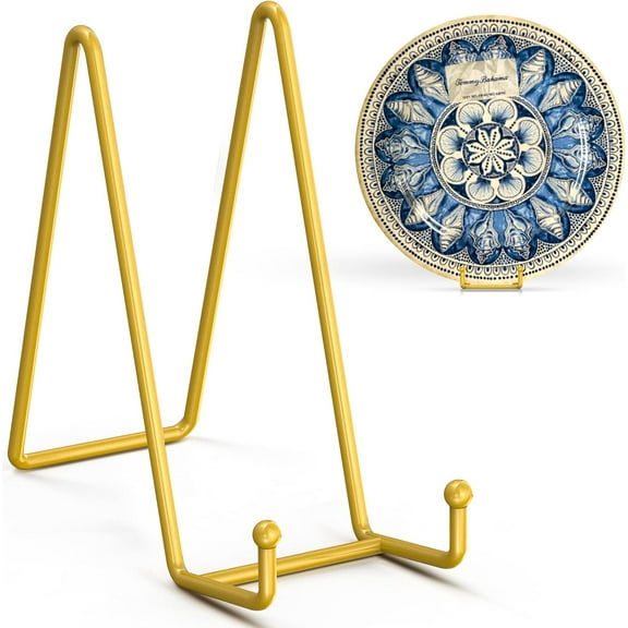 8 Inch Large Plate Stands for Display - Metal Plate Holder Display Stand + Frame Holder Stand for Picture, Decorative Plate, Platter, Plaques, Book, Photo Easel Tabletop (Gold 2 Pack)