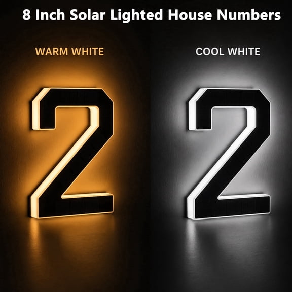8 Inch Large Solar House Numbers for Outside, LED Illuminated Address Sign, 2000mAh Battery, IP67 Waterproof, Dual Color Light for Home Yard Garage(Number 2)