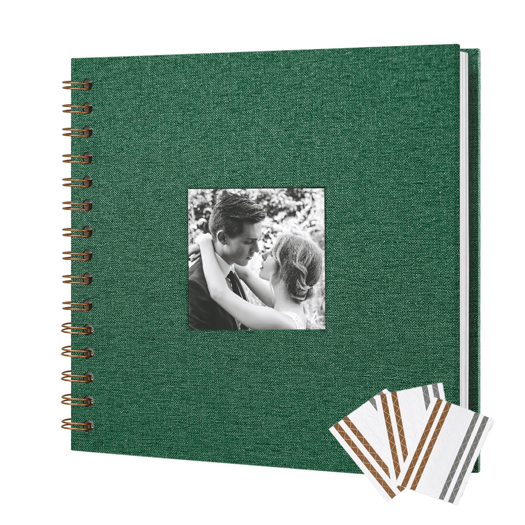 8-Inch Linen Hardcover Scrapbook Album with Photo Window, Spiral Bound DIY Memory Book for Wedding Guestbook & Crafting, Includes Gold/Silver/White Photo Corners
