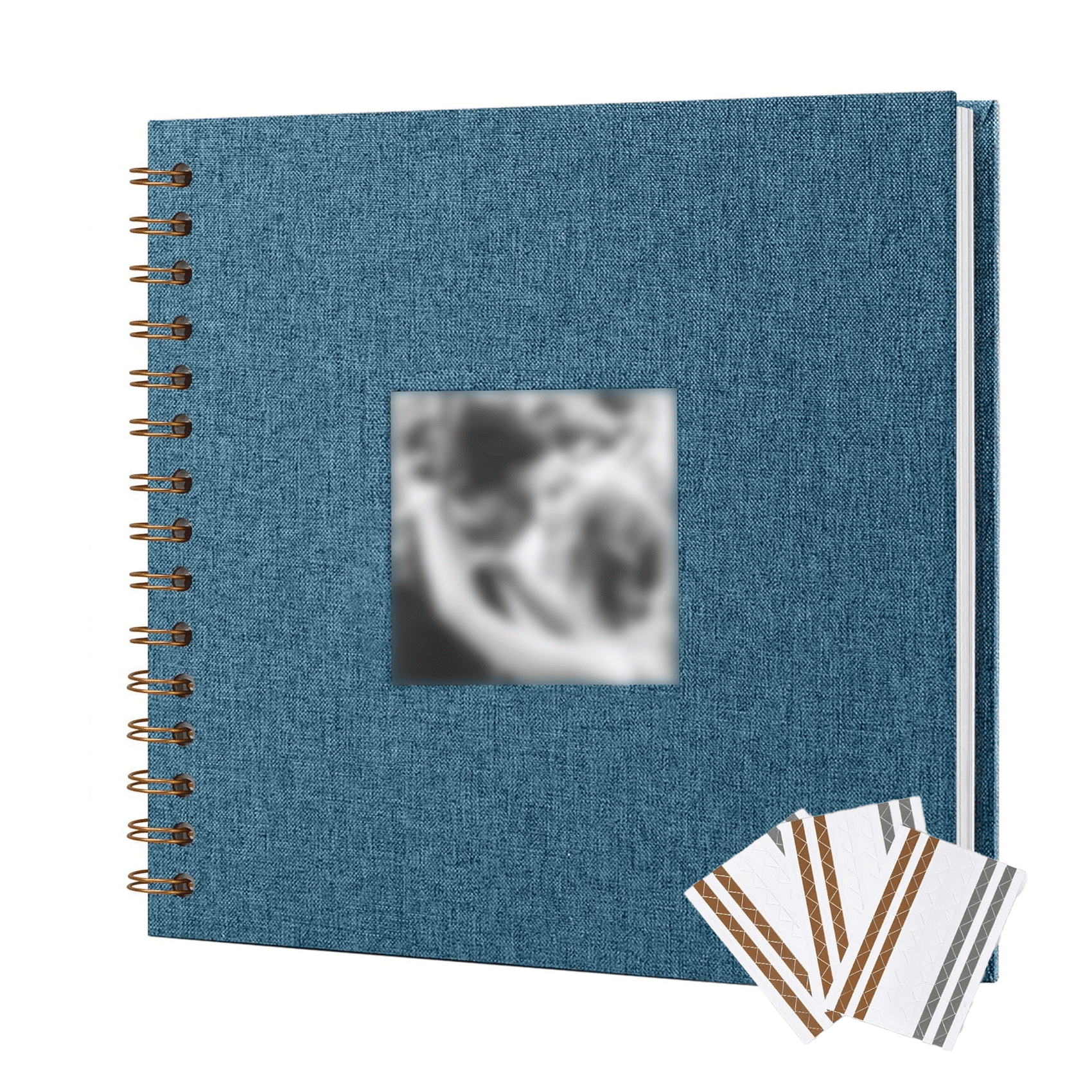 8-Inch Linen Hardcover Scrapbook Album with Photo Window, Spiral Bound DIY Memory Book for Wedding Guestbook & Crafting, Includes Gold/Silver/White Photo Corners