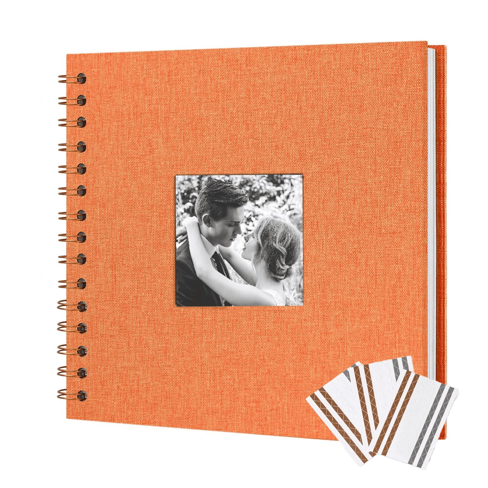 8-Inch Linen Hardcover Scrapbook Album with Photo Window, Spiral Bound DIY Memory Book for Wedding Guestbook & Crafting, Includes Gold/Silver/White Photo Corners