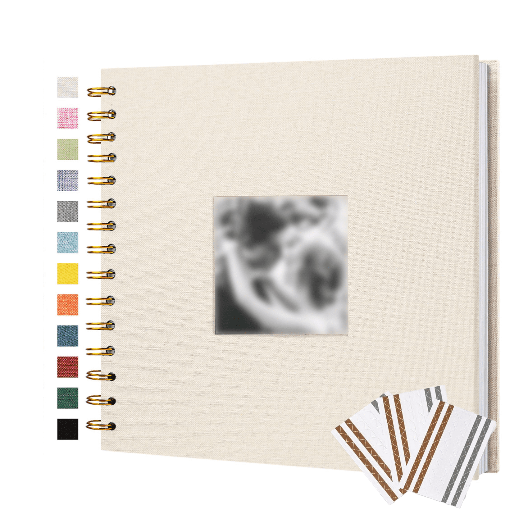 8-Inch Linen Hardcover Scrapbook Album with Photo Window, Spiral Bound DIY Memory Book for Wedding Guestbook & Crafting, Includes Gold/Silver/White Photo Corners